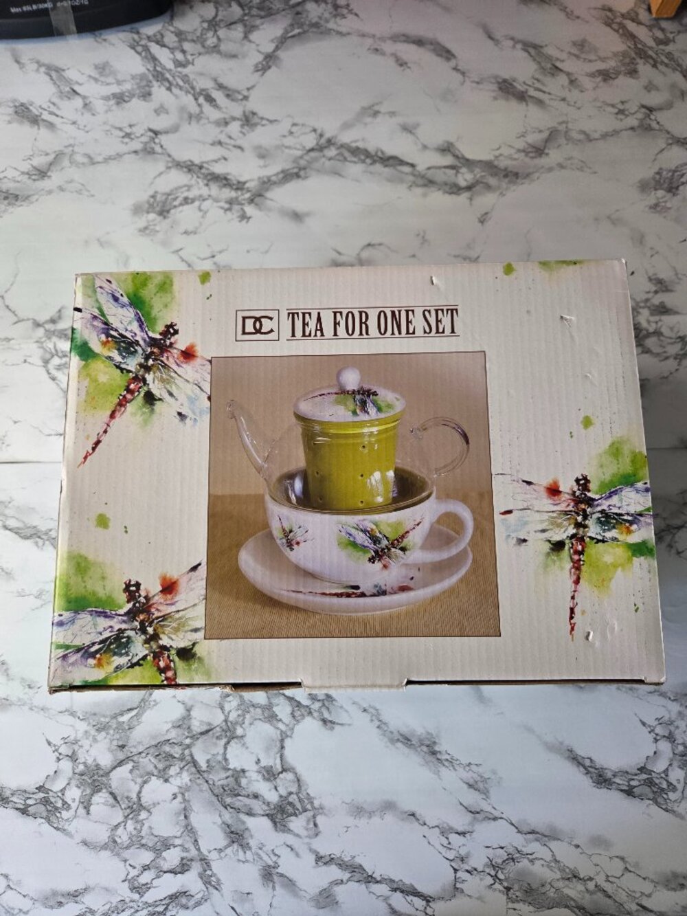 Dean Crouser White Dragonfly Print Cottagecore Farmhouse Tea For One Set